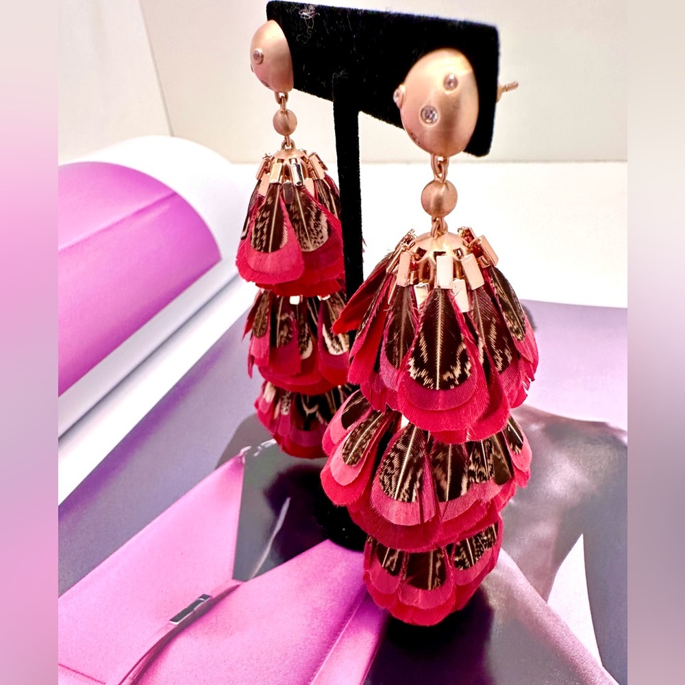 Designer Kendra Scott Feather & Gold Earrings in Burgundy